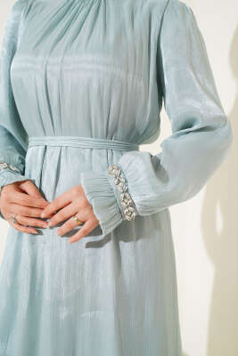 Kristal Taşlı Şifon Elbise Mint - Tesettür Elbise