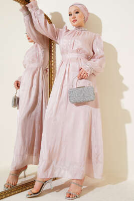 Kristal Taşlı Şifon Elbise Pudra - Tesettür Elbise