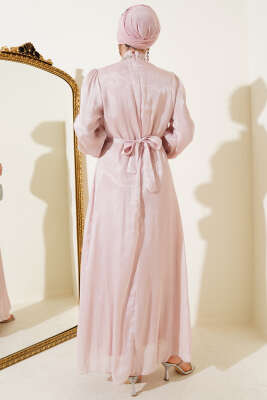 Kristal Taşlı Şifon Elbise Pudra - Tesettür Elbise