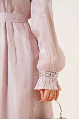 Kristal Taşlı Şifon Elbise Pudra - Tesettür Elbise