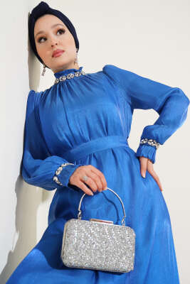 Kristal Taşlı Şifon Elbise Saks - Tesettür Elbise