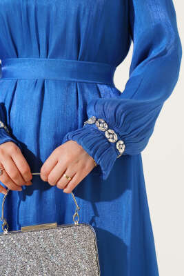 Kristal Taşlı Şifon Elbise Saks - Tesettür Elbise