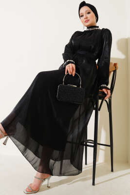 Kristal Taşlı Şifon Elbise Siyah