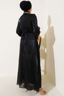 Kristal Taşlı Şifon Elbise Siyah - Tesettür Elbise