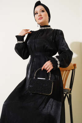 Kristal Taşlı Şifon Elbise Siyah - Tesettür Elbise