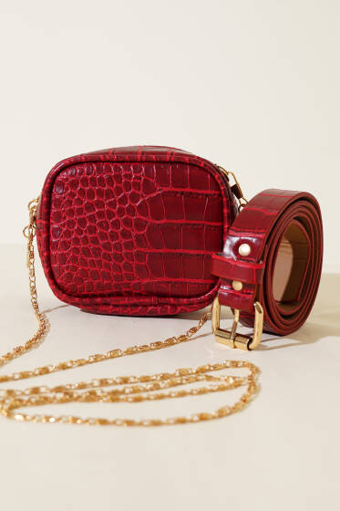 Kroko Desen Bordo Bel Çantası - Bel Çantası