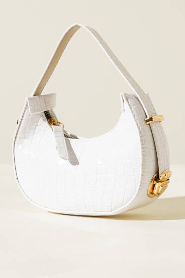 Kroko Desen Mini Baget Çanta Beyaz - Kol Çantası