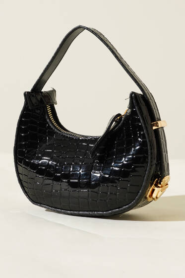 Kroko Desen Mini Baget Çanta Siyah - Kol Çantası