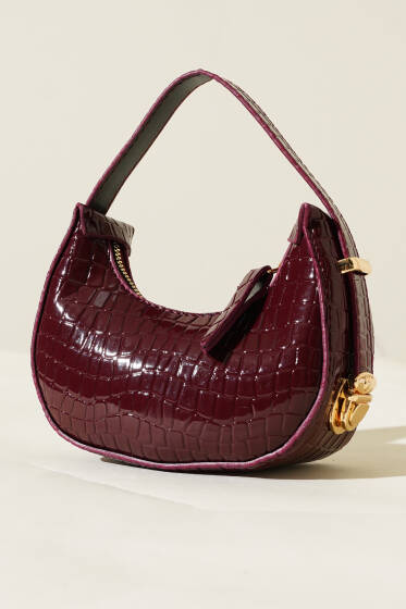 Kroko Desen Mini Baget Çanta Vişne - Kol Çantası