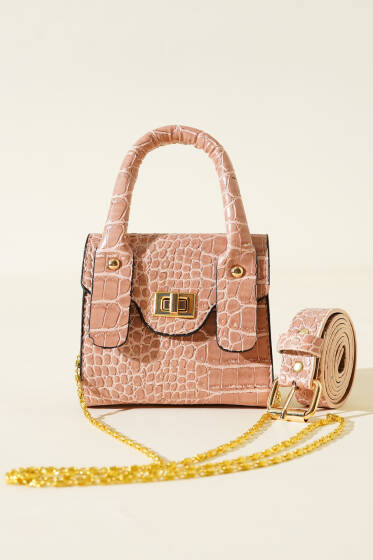 Kroko Desen Mini Bel Çantası Pudra - Bel Çantası