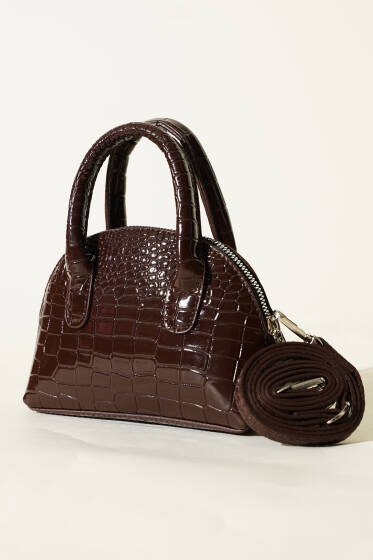 Kroko Desen Rugan Mini Çanta Acı Kahve - Kol Çantası