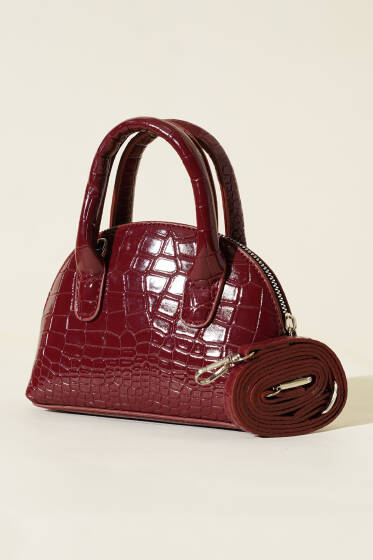 Kroko Desen Rugan Mini Çanta Bordo - Kol Çantası