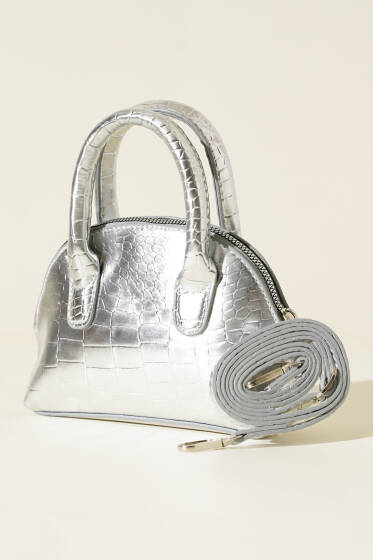 Kroko Desen Rugan Mini Çanta Gümüş - Kol Çantası