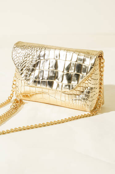 Kroko Desenli Zincirli Çanta Gold - Kol Çantası
