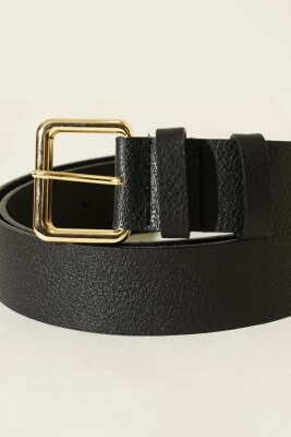 Kroko Görünümlü Metal Tokalı Kemer Siyah Gold - Deri Kemer