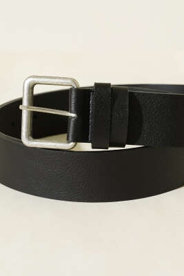 Kroko Görünümlü Metal Tokalı Kemer Siyah Gümüş - Deri Kemer