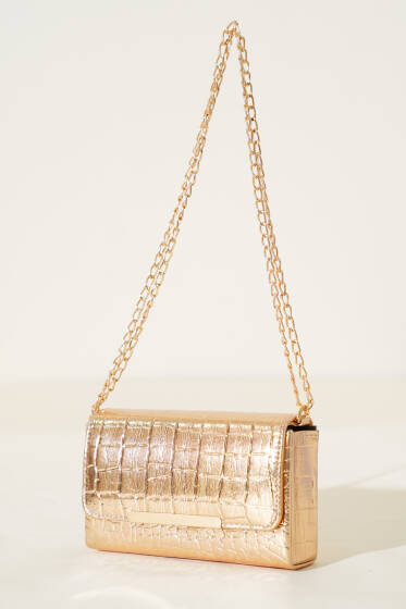 Kroko Mıknatıslı Zincir Askılı Çanta Gold - Kol Çantası