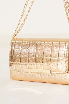 Kroko Mıknatıslı Zincir Askılı Çanta Gold - Kol Çantası