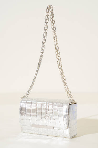 Kroko Mıknatıslı Zincir Askılı Çanta Gümüş - Kol Çantası