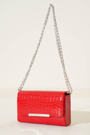 Kroko Mıknatıslı Zincir Askılı Çanta Kırmızı - Kol Çantası