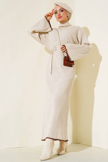 Kroşetalı Triko Elbise Bej - Tesettür Elbise