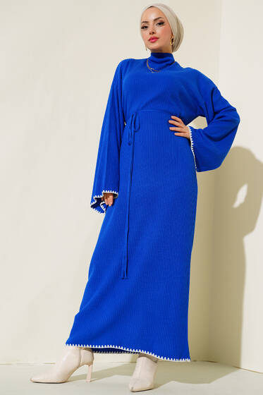 Kroşetalı Triko Elbise Saks - Tesettür Elbise