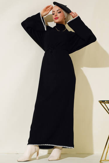 Kroşetalı Triko Elbise Siyah - Tesettür Elbise