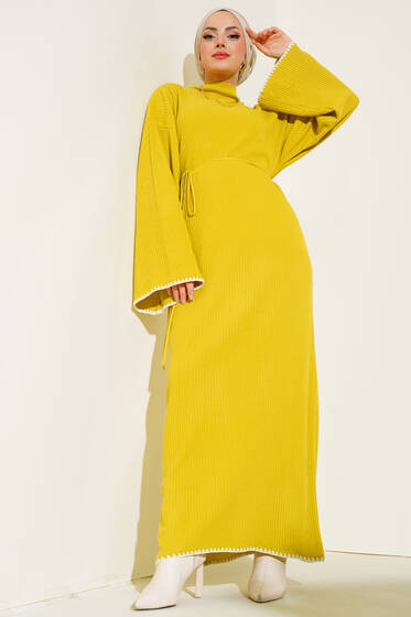 Kroşetalı Triko Elbise Yağ Yeşili - Tesettür Elbise