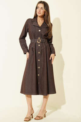 Kruvaze Boydan Düğmeli Kot Elbise Kahve - LEVURE