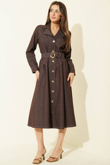 Kruvaze Boydan Düğmeli Kot Elbise Kahve - Kadın Giyim Modelleri