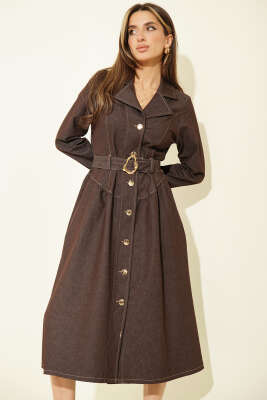 Kruvaze Boydan Düğmeli Kot Elbise Kahve - Kadın Giyim Modelleri