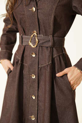 Kruvaze Boydan Düğmeli Kot Elbise Kahve - Kadın Giyim Modelleri