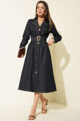 Kruvaze Boydan Düğmeli Kot Elbise Kot - LEVURE