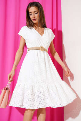 Kruvaze Brodeli Elbise Ekru 