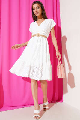 Kruvaze Brodeli Elbise Ekru - Kadın Giyim Modelleri