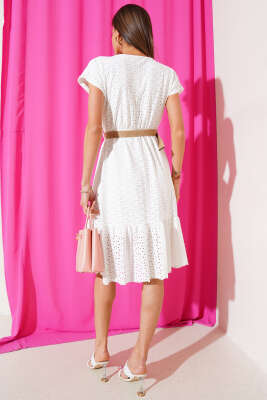 Kruvaze Brodeli Elbise Ekru - Kadın Giyim Modelleri