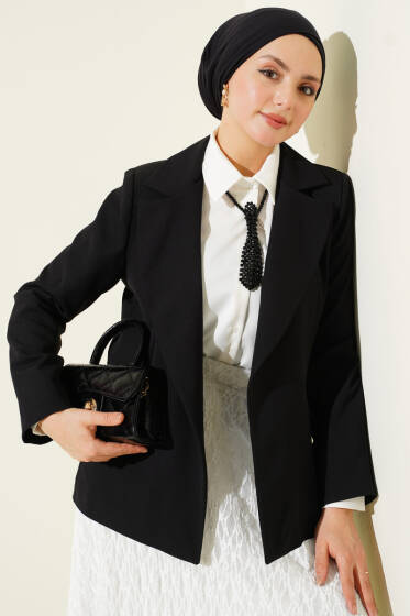 Kruvaze Çizgi Astarlı Blazer Ceket Siyah - Ceket