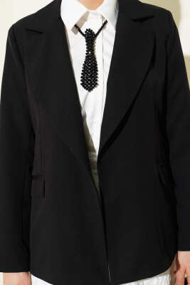 Kruvaze Çizgi Astarlı Blazer Ceket Siyah - Ceket