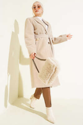 Kruvaze Gold Düğmeli Kaşe Kaban Bej - MODA NORVELLA