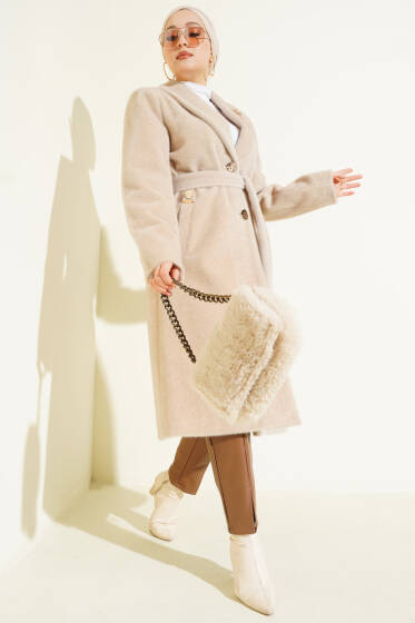 Kruvaze Gold Düğmeli Kaşe Kaban Bej - Kaban