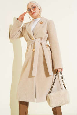 Kruvaze Gold Düğmeli Kaşe Kaban Bej - Kaban