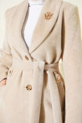 Kruvaze Gold Düğmeli Kaşe Kaban Bej - Kaban