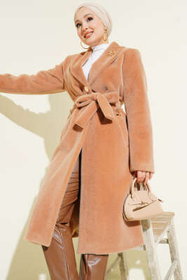 Kruvaze Gold Düğmeli Kaşe Kaban Camel - Kaban