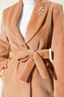 Kruvaze Gold Düğmeli Kaşe Kaban Camel - Kaban