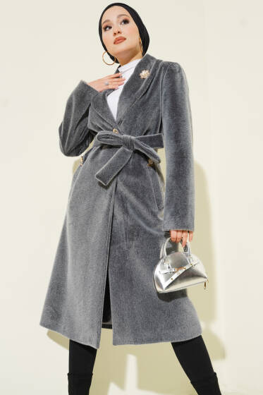 Kruvaze Gold Düğmeli Kaşe Kaban Füme - Kaban