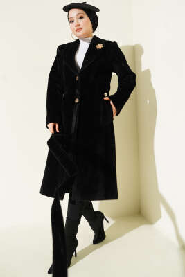 Kruvaze Gold Düğmeli Kaşe Kaban Siyah - MODA NORVELLA