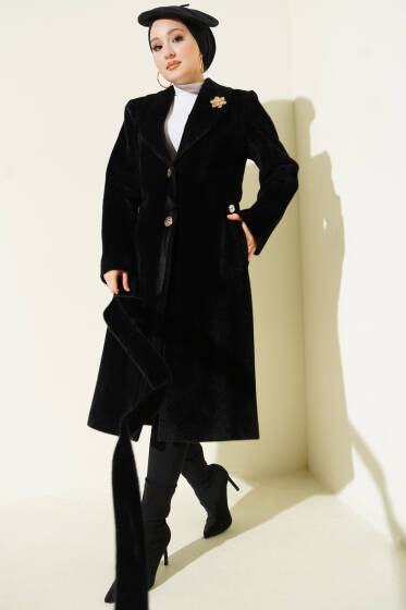 Kruvaze Gold Düğmeli Kaşe Kaban Siyah - Kaban