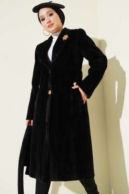 Kruvaze Gold Düğmeli Kaşe Kaban Siyah - Kaban