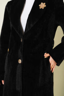 Kruvaze Gold Düğmeli Kaşe Kaban Siyah - Kaban