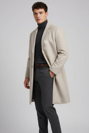 Kruvaze İki Düğmeli Erkek Kaşe Kaban Bej - Erkek Kaban